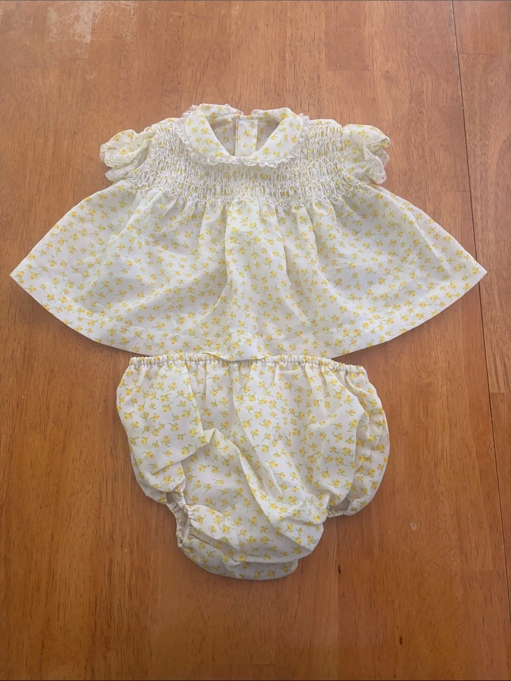 Vintage Baby Girls Yellow Floral Dress & Bloomers Set